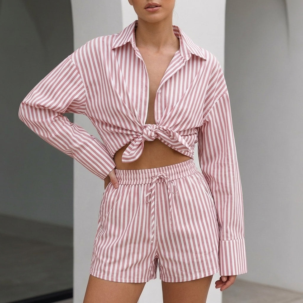 Women's Collared Shirt And Wide Leg Shorts Set
