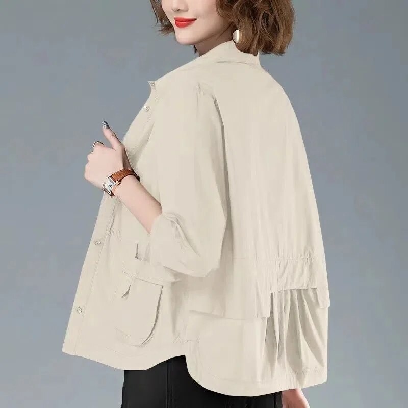 Women's Relaxed Fit Jacket Cotton Practical Pockets Beige