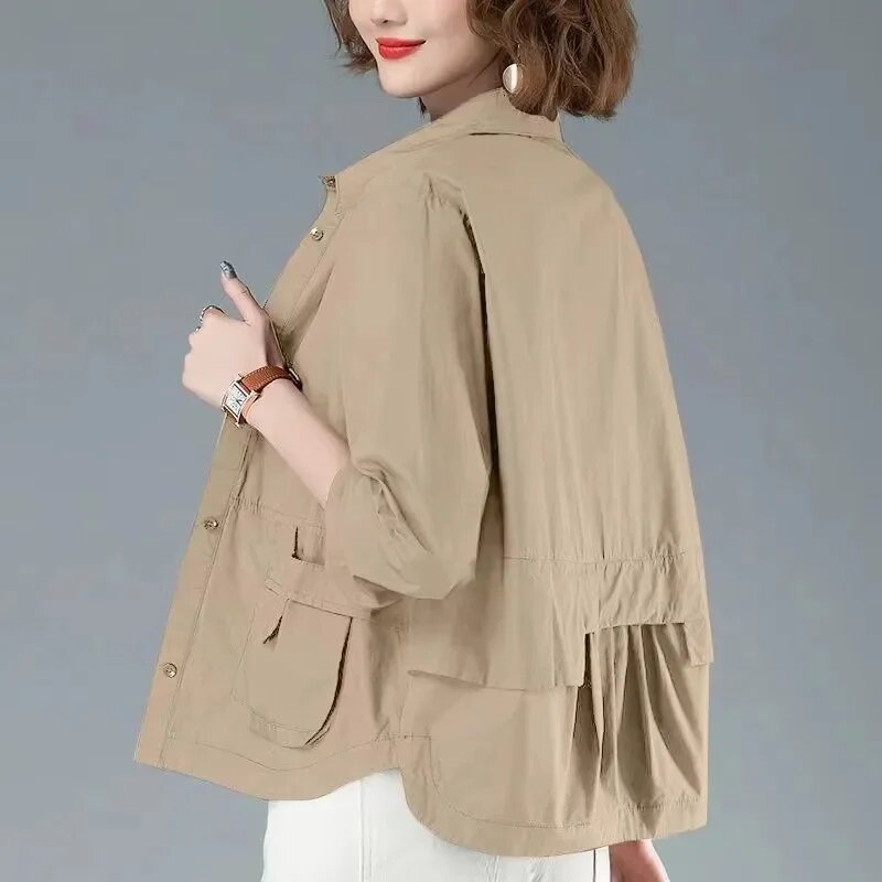 Women's Relaxed Fit Jacket Cotton Practical Pockets Beige