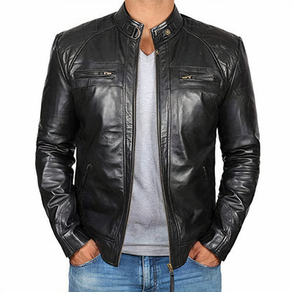 Men's Leather Motorcycle Jacket Zipper Pockets