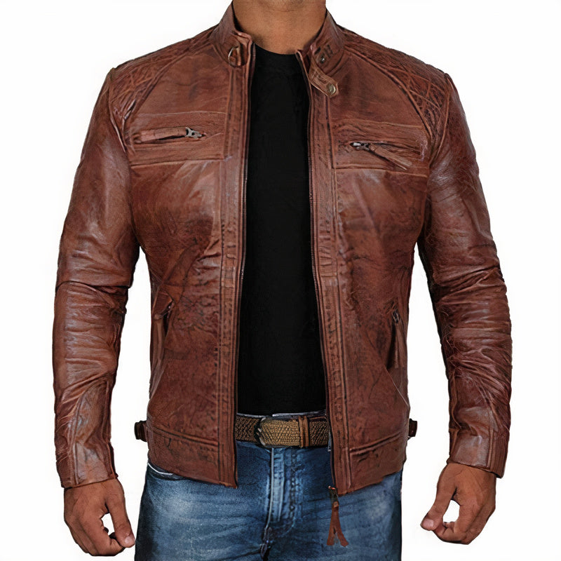 Men's Leather Motorcycle Jacket Zipper Pockets - VibreMode