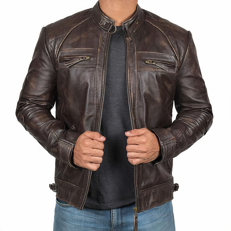 Men's Leather Motorcycle Jacket Zipper Pockets