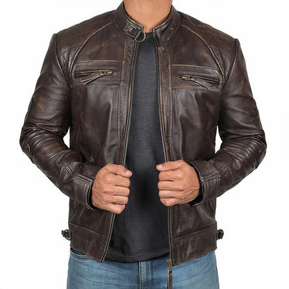 Men's Leather Motorcycle Jacket Zipper Pockets
