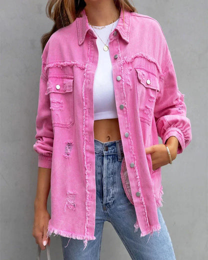 Women's Distressed Denim Jacket Casual Blue