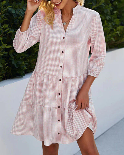 Women's Gingham Shirt Dress Mandarin Collar