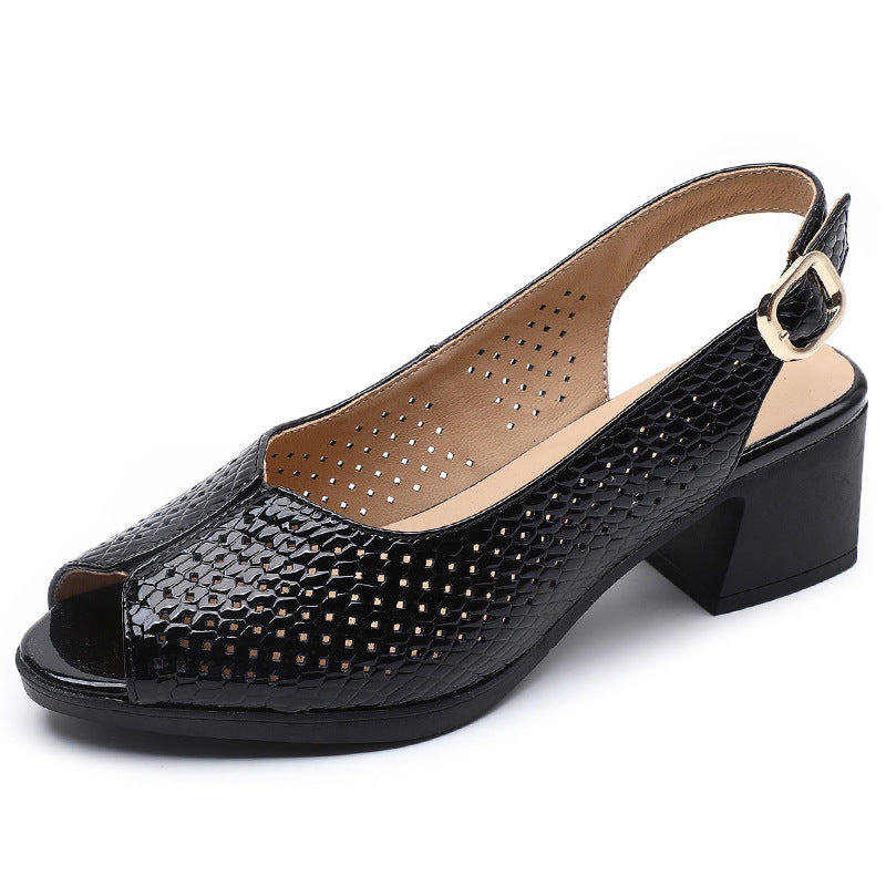 Women's Perforated Peep Toe Block Heel Pumps - VibreMode