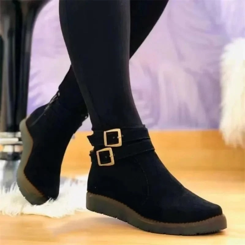 Ladies Low Heel Double Buckle Ankle Boots - VibreMode