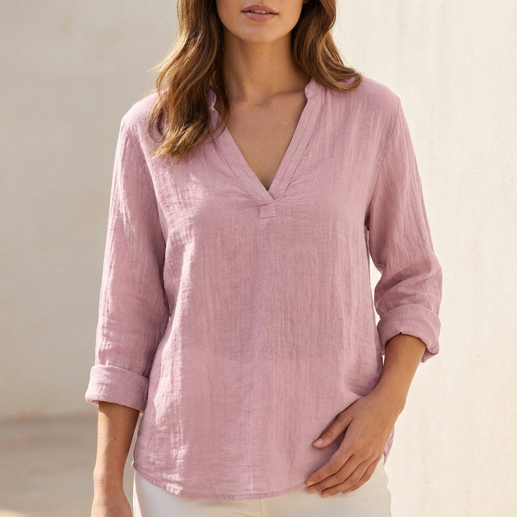 Women's Cotton Linen V-Neck Blouse Relaxed Fit - VibreMode