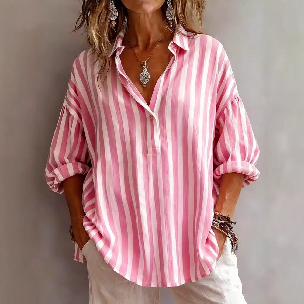 Women's Relaxed Fit Striped V-Neck Blouse 3/4 Sleeves - VibreMode