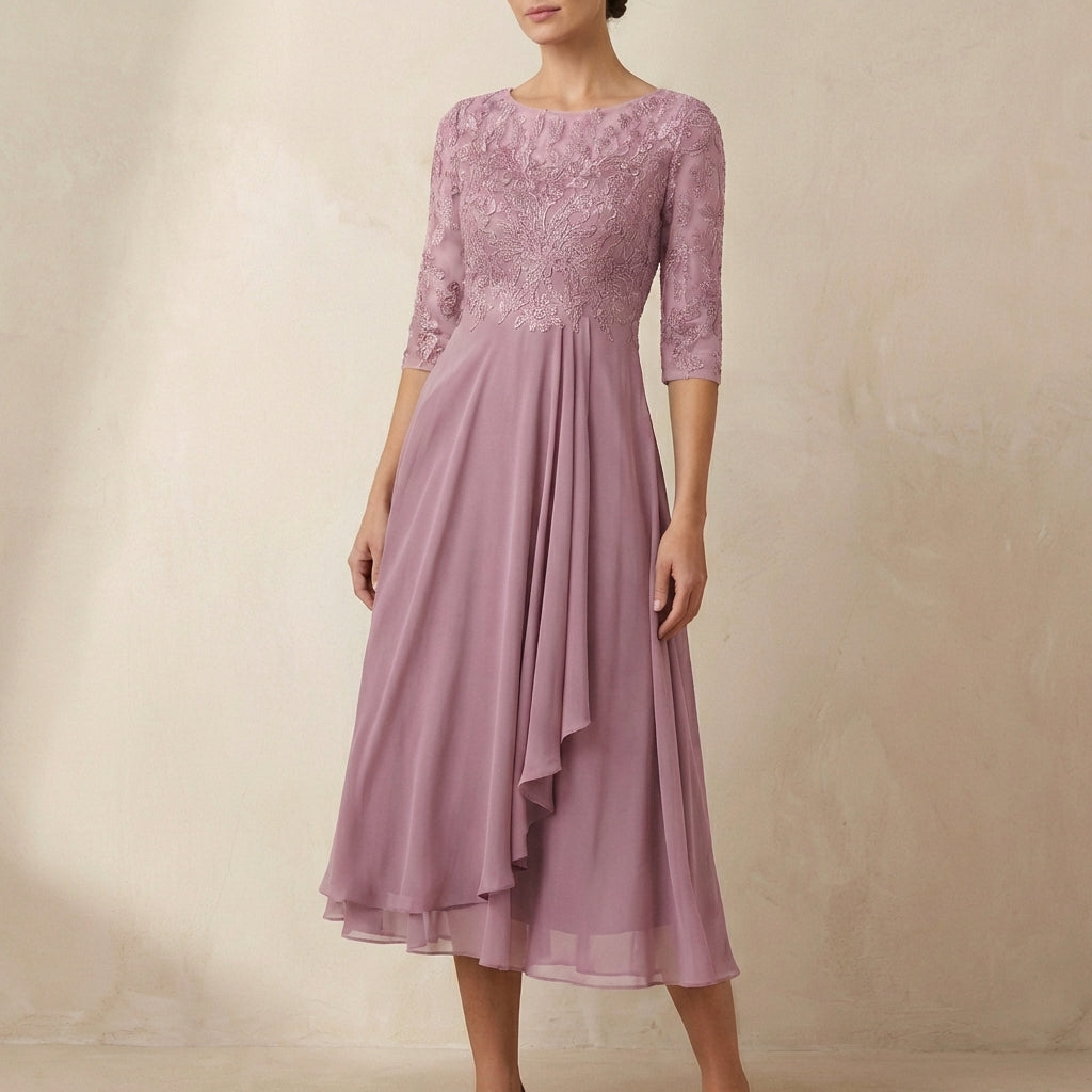 Women's Embroidered A-Line Midi Dress Sheer Sleeves
