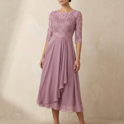 Women's Embroidered A-Line Midi Dress Sheer Sleeves