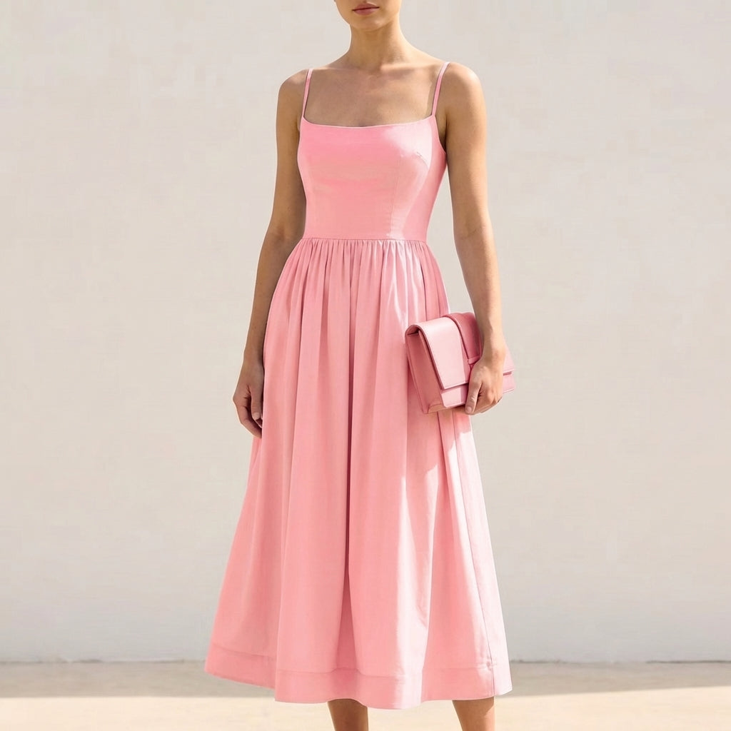Women's Fitted A-Line Midi Dress Spaghetti Straps - VibreMode
