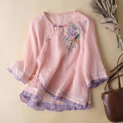 Women's Linen Blend Kimono Blouse Embroidered