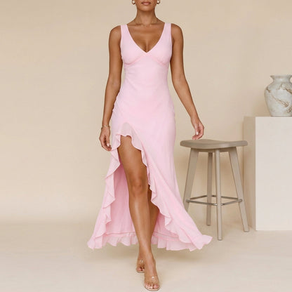 Women's Chiffon Maxi Dress Ruched Bodice Ruffled Slit