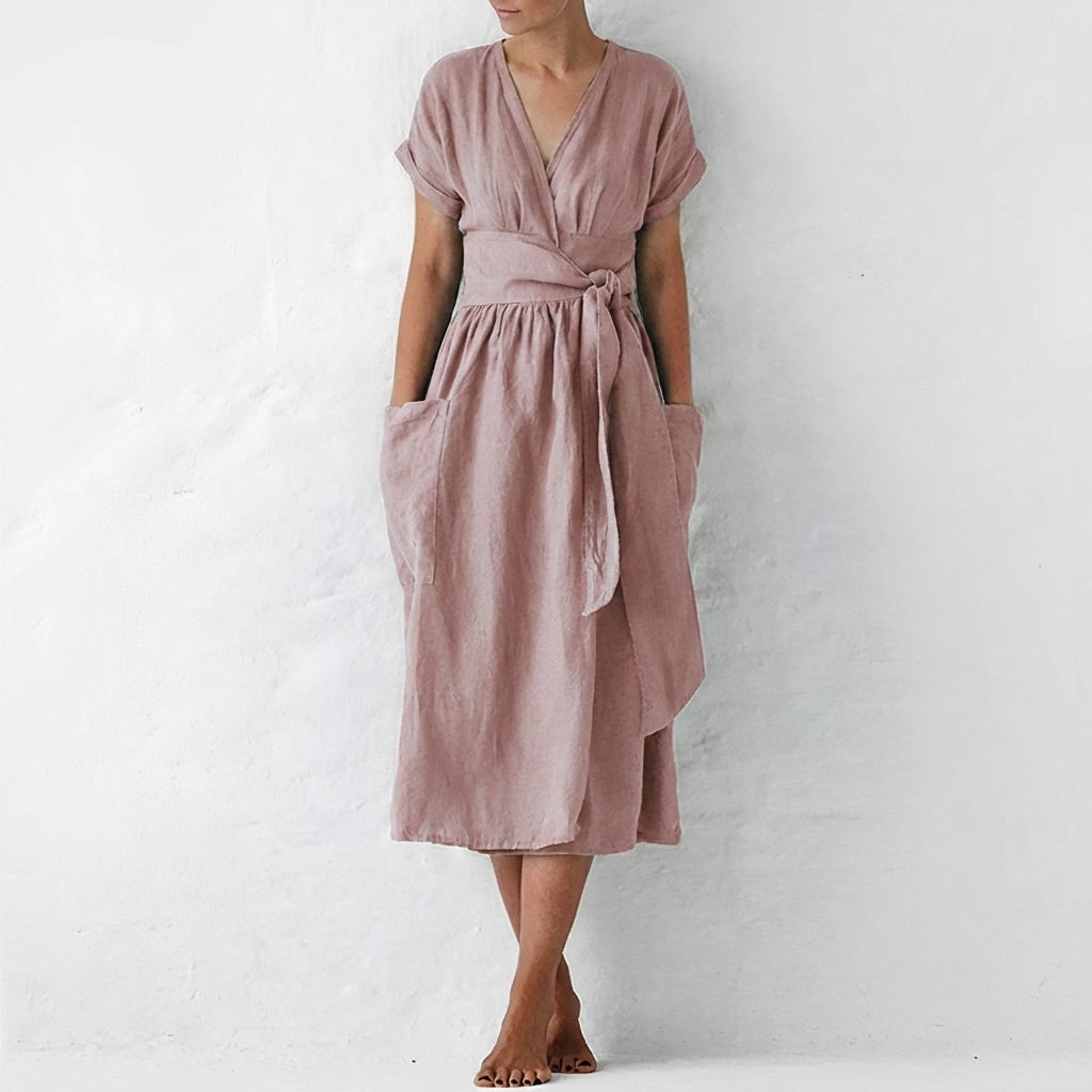 Women's Linen Midi Wrap Dress with Pockets