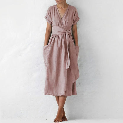 Women's Linen Midi Wrap Dress with Pockets