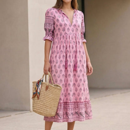 Women's V-Neck Maxi Dress Lantern Sleeves Tiered Skirt