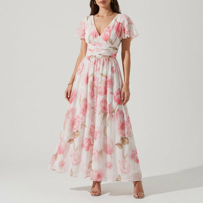 Women's V-Neck Evening Gown Flutter Sleeves