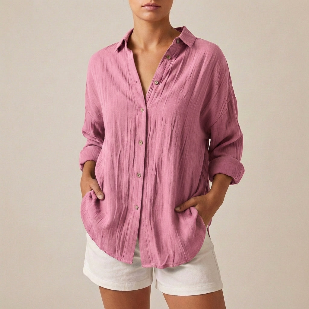 Linen Longline Shirt Relaxed Fit Button Up Pleated