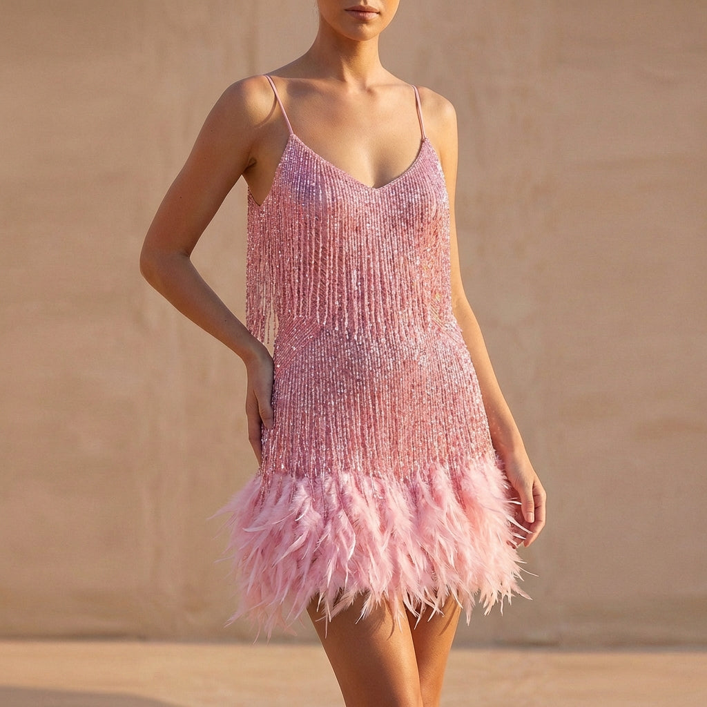 Women's Mini Dress Fringe Feather Beaded
