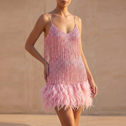 Women's Mini Dress Fringe Feather Beaded