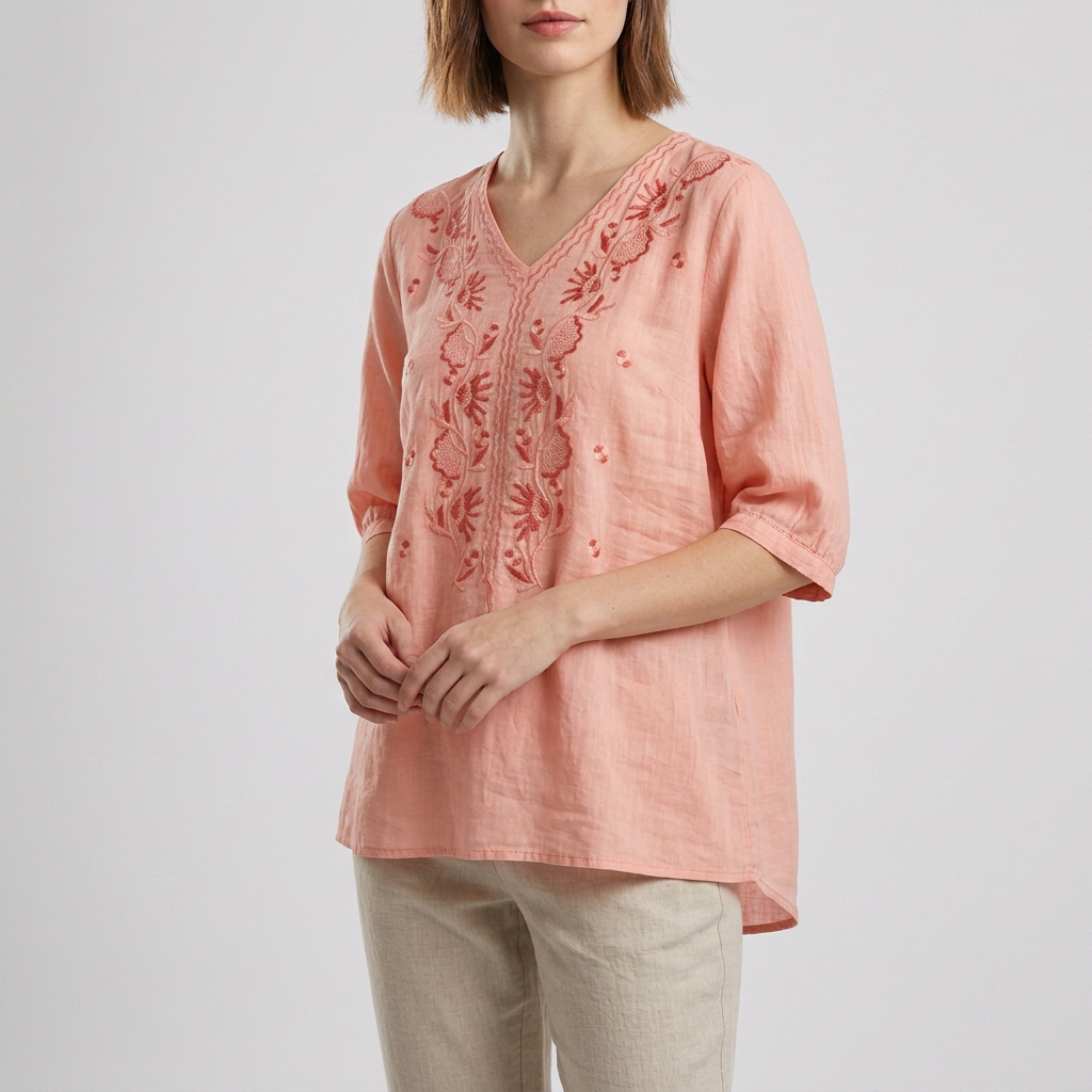 Women's Relaxed Fit V-Neck Blouse Embroidered Floral White