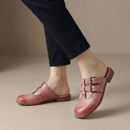 Women's Slip-On Mule Heels Double Buckle Brogue Detail Brown - VibreMode