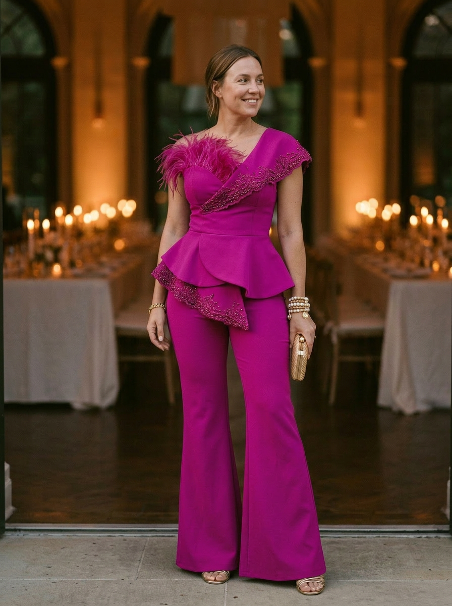 Women's Strapless Jumpsuit Peplum Waist Feather Detail