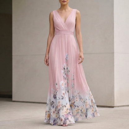 Women's Chiffon Maxi Dress V-Neck Floral