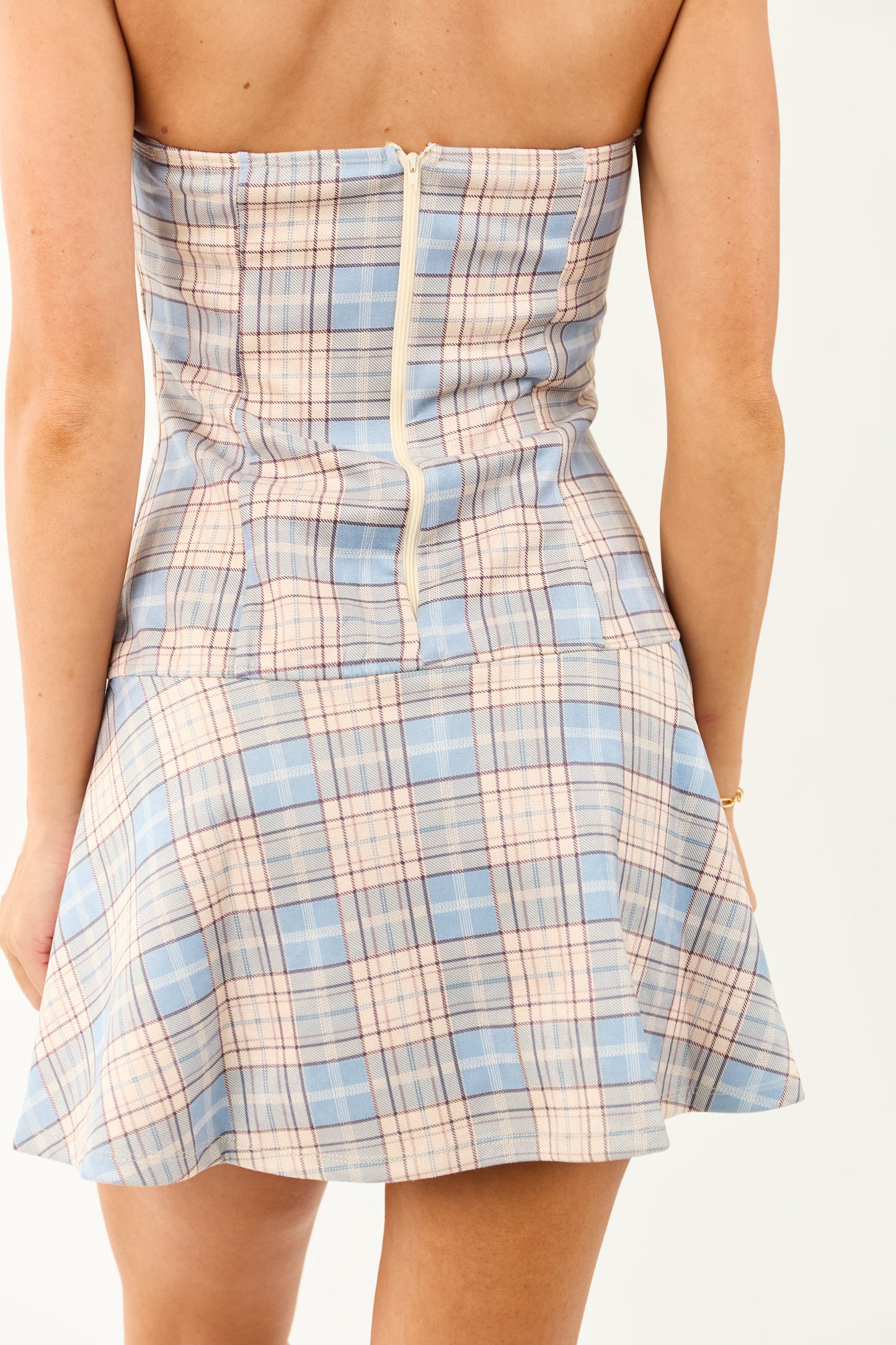 Women's Strapless Mini Dress Soft Plaid Powder Blue