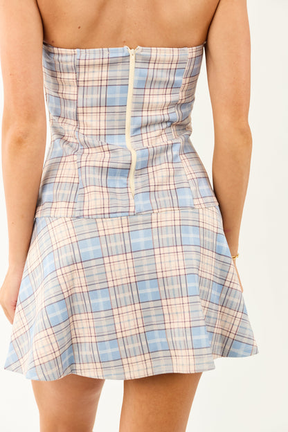 Women's Strapless Mini Dress Soft Plaid Powder Blue
