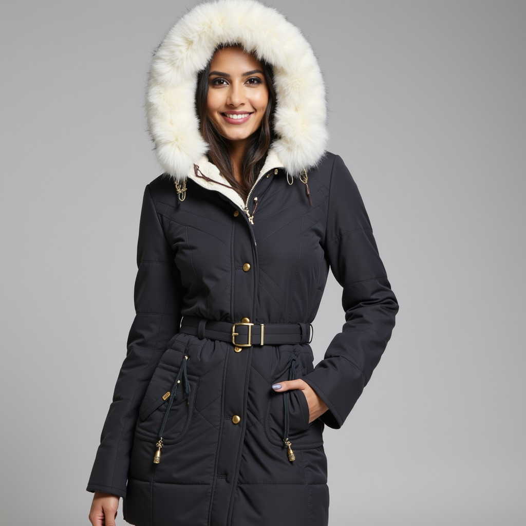 Women's Winter Parka Faux Fur Hood Belted Design - VibreMode