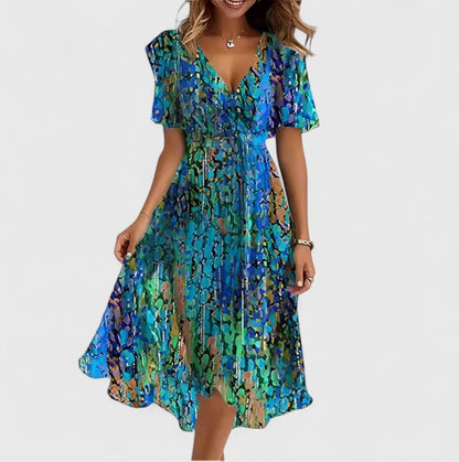 Elegant Women's Flower V Neck Mid Length Dress - VibreMode