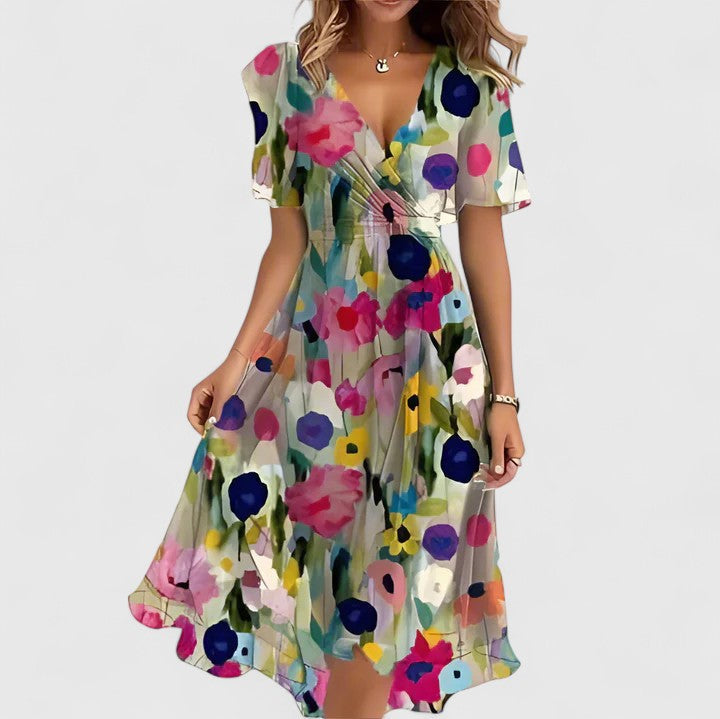 Elegant Women's Flower V Neck Mid Length Dress