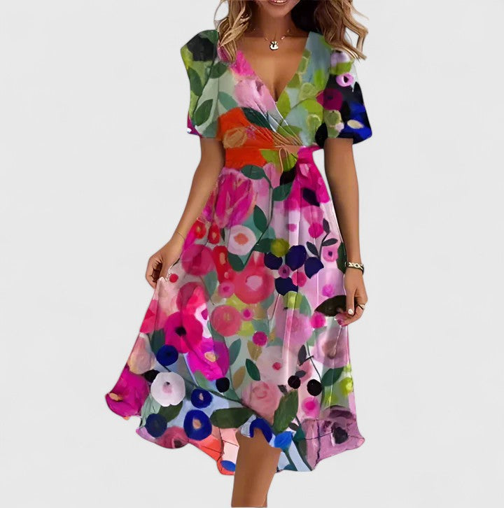 Elegant Women's Flower V Neck Mid Length Dress