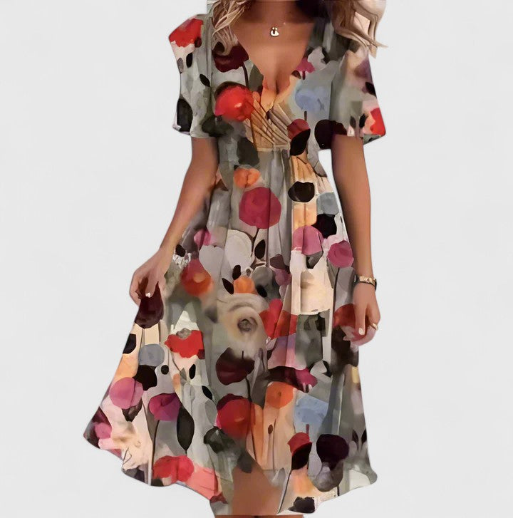 Elegant Women's Flower V Neck Mid Length Dress