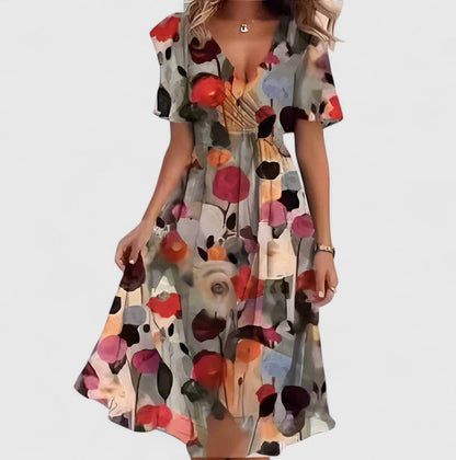 Elegant Women's Flower V Neck Mid Length Dress