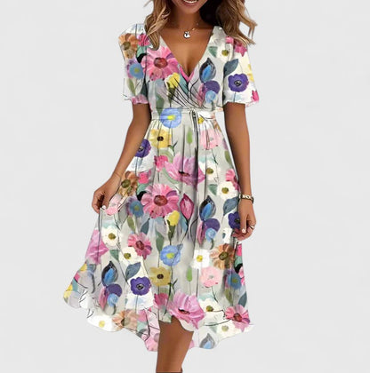 Elegant Women's Flower V Neck Mid Length Dress