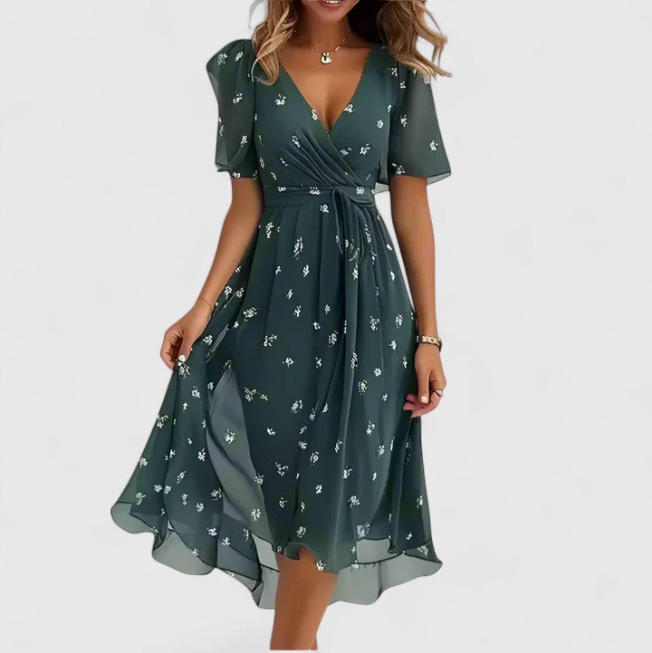 Elegant Women's Flower V Neck Mid Length Dress
