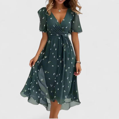 Elegant Women's Flower V Neck Mid Length Dress