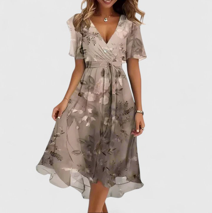 Elegant Women's Flower V Neck Mid Length Dress