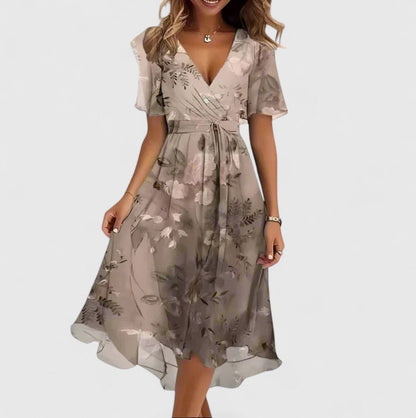 Elegant Women's Flower V Neck Mid Length Dress