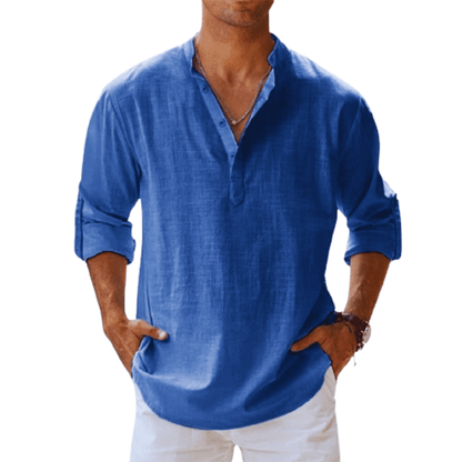 Men's Linen Blend Henley Shirt Long Sleeve Casual Beige - VibreMode
