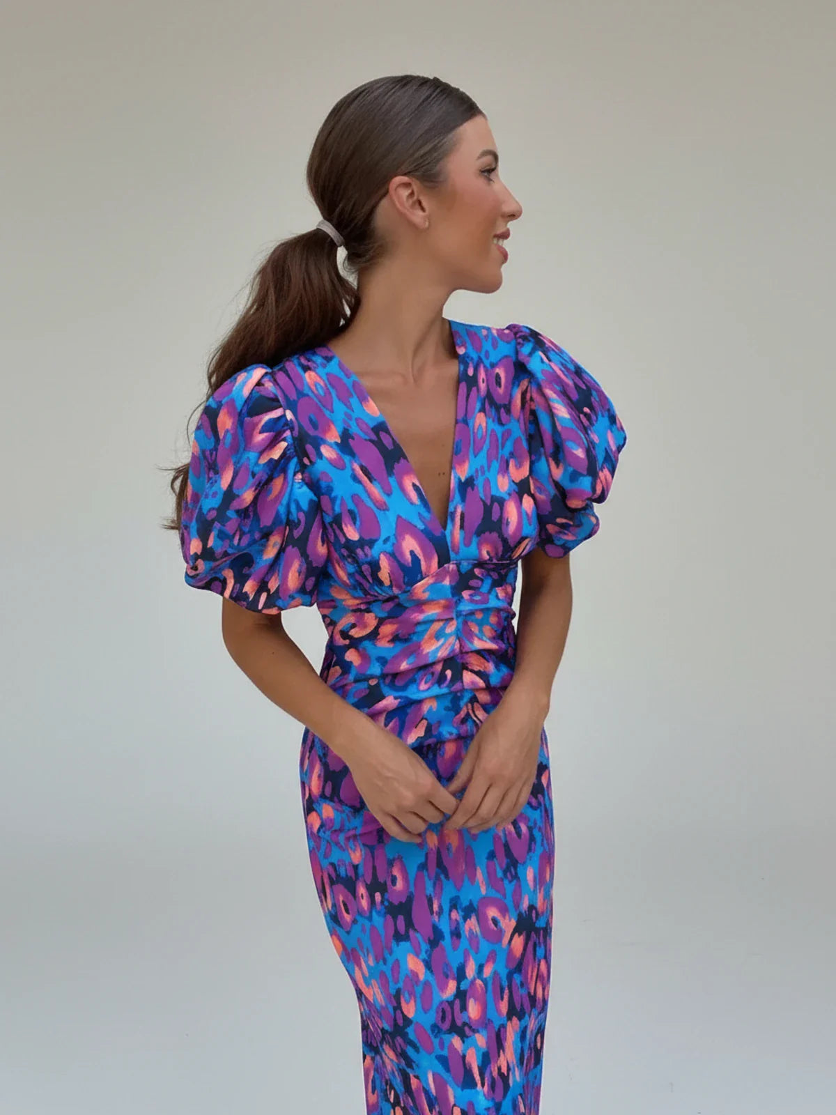 Women's Printed Midi Dress Puff Sleeve Cocktail