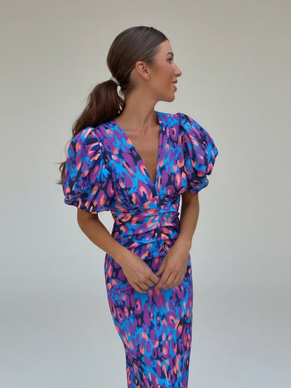 Women's Printed Midi Dress Puff Sleeve Cocktail