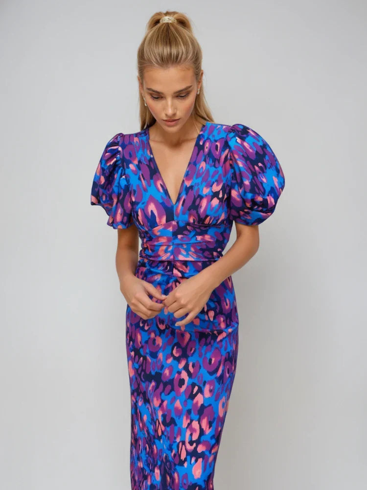 Women's Printed Midi Dress Puff Sleeve Cocktail - VibreMode