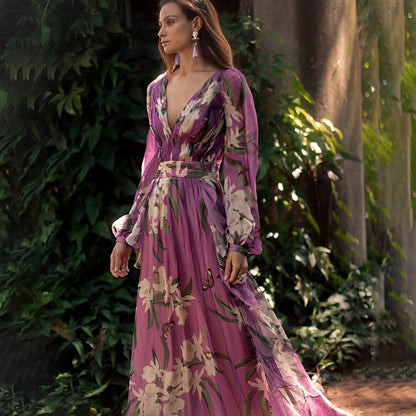 Relaxed Fit Floral V Neck Summer Maxi Dress - VibreMode