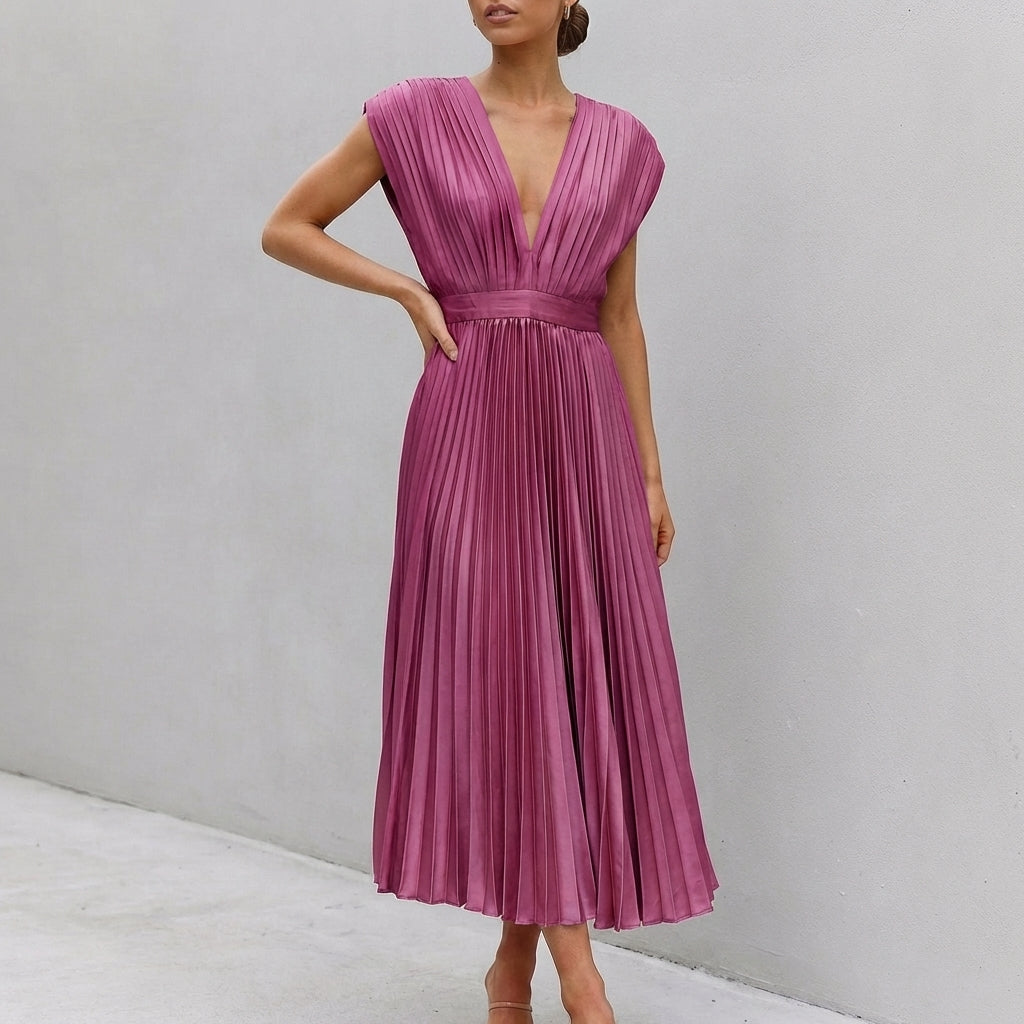 Women's Midi Dress Draped Bodice Defined Waist