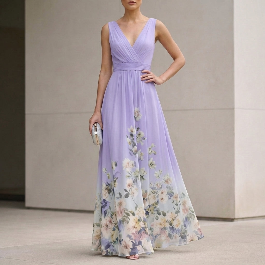 Women's Chiffon Maxi Dress V-Neck Floral