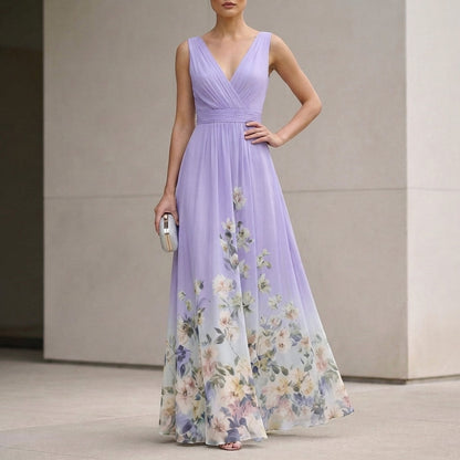 Women's Chiffon Maxi Dress V-Neck Floral